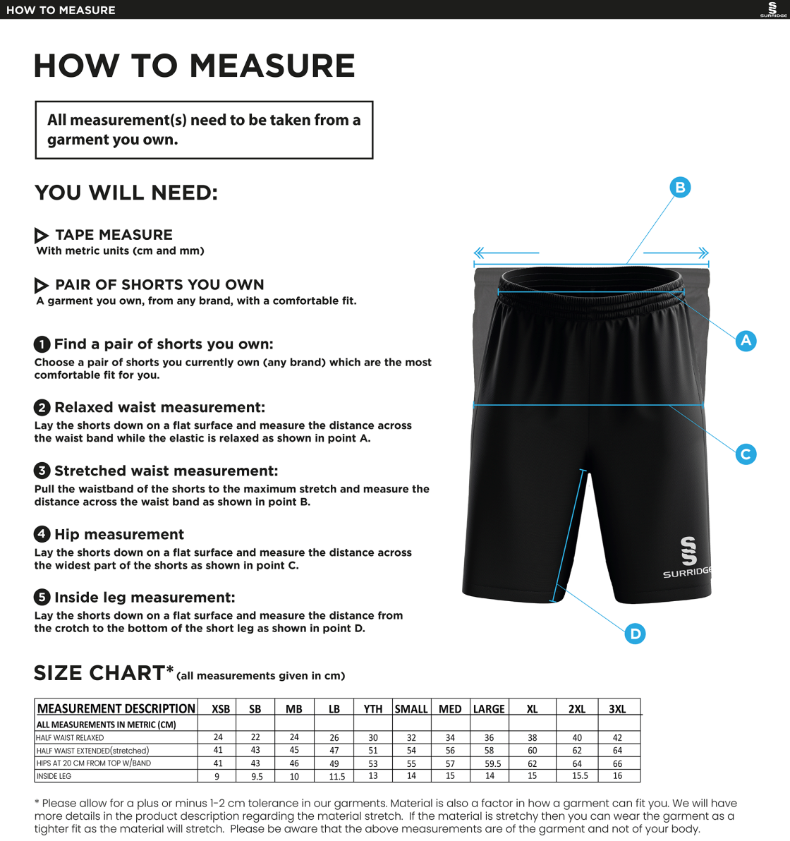 Classic Football Shorts - Emerald-White - Size Guide